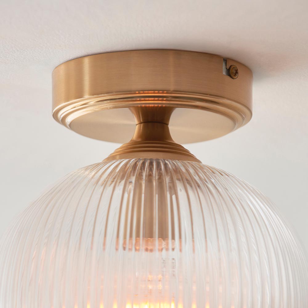 Aiken Ribbed Glass Flush Ceiling Light In Brushed Aged Brass