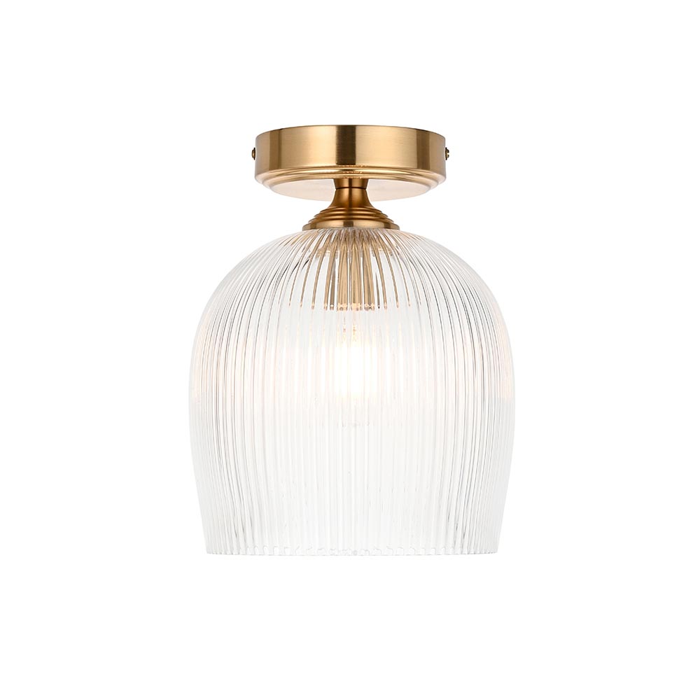 Aiken Ribbed Glass Flush Ceiling Light In Brushed Aged Brass