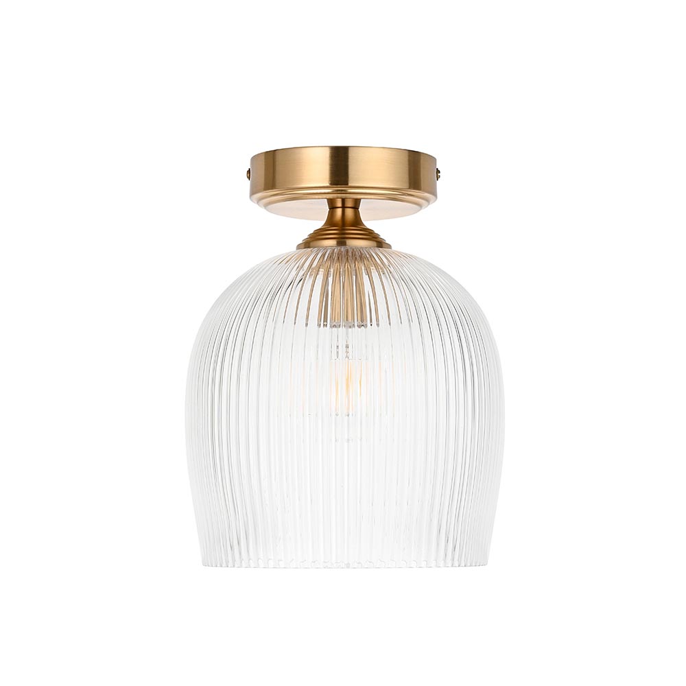 Aiken Ribbed Glass Flush Ceiling Light In Brushed Aged Brass