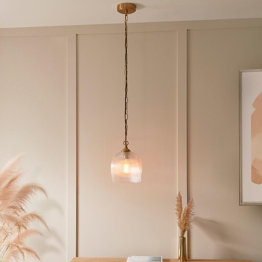 Aiken Ribbed Glass Pendant Ceiling Light In Brushed Aged Brass