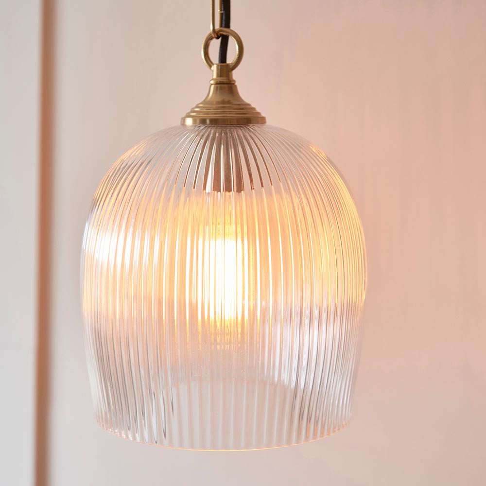 Aiken Ribbed Glass Pendant Ceiling Light In Brushed Aged Brass