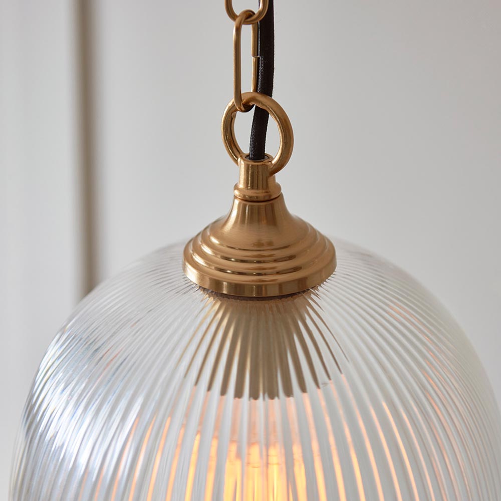 Aiken Ribbed Glass Pendant Ceiling Light In Brushed Aged Brass