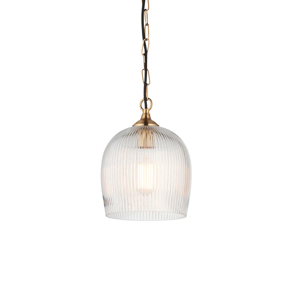 Aiken Ribbed Glass Pendant Ceiling Light In Brushed Aged Brass