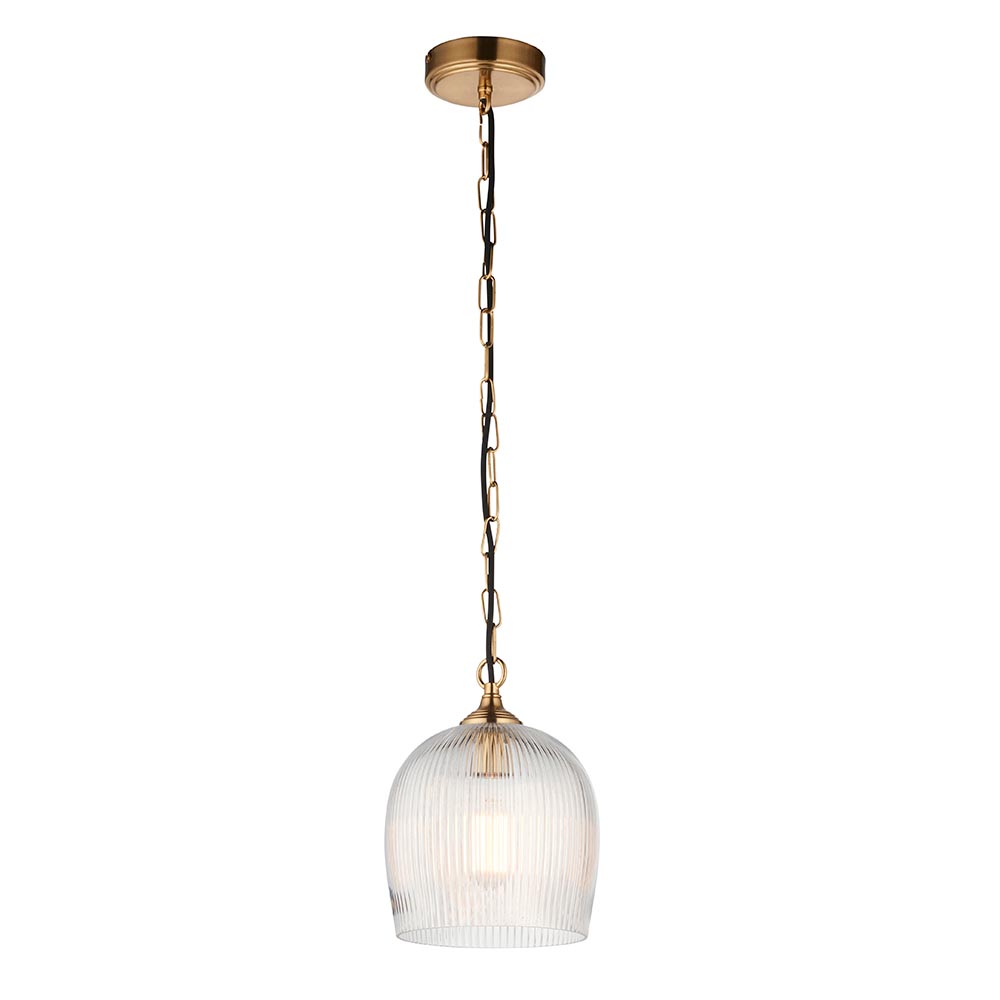 Aiken Ribbed Glass Pendant Ceiling Light In Brushed Aged Brass