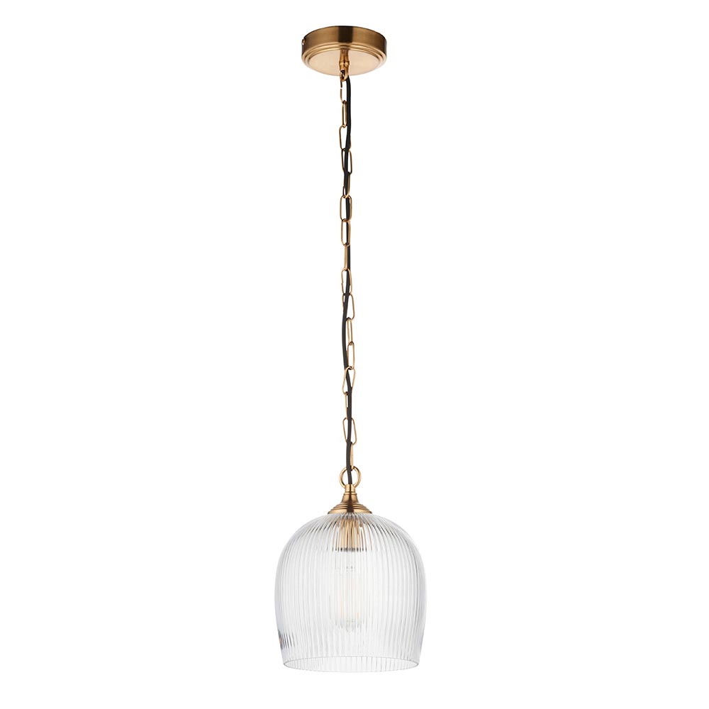 Aiken Ribbed Glass Pendant Ceiling Light In Brushed Aged Brass