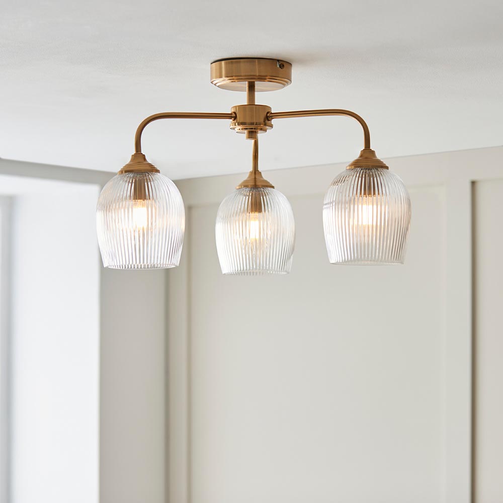 Aiken Ribbed Glass Semi Flush Ceiling Light In Brushed Aged Brass