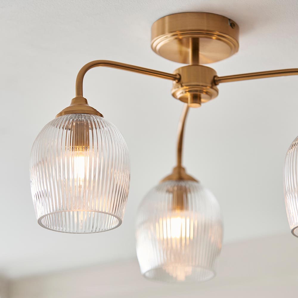Aiken Ribbed Glass Semi Flush Ceiling Light In Brushed Aged Brass