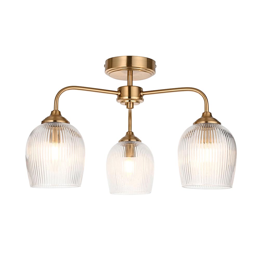 Aiken Ribbed Glass Semi Flush Ceiling Light In Brushed Aged Brass