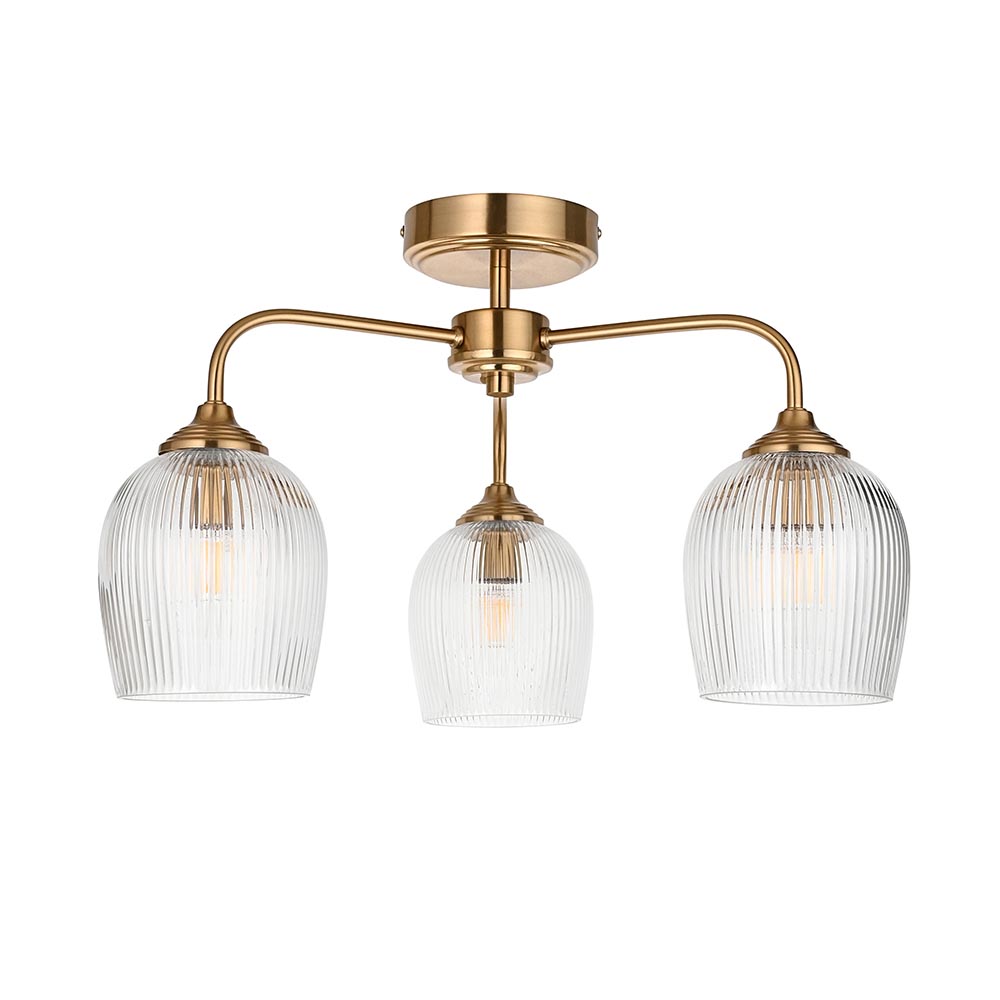 Aiken Ribbed Glass Semi Flush Ceiling Light In Brushed Aged Brass