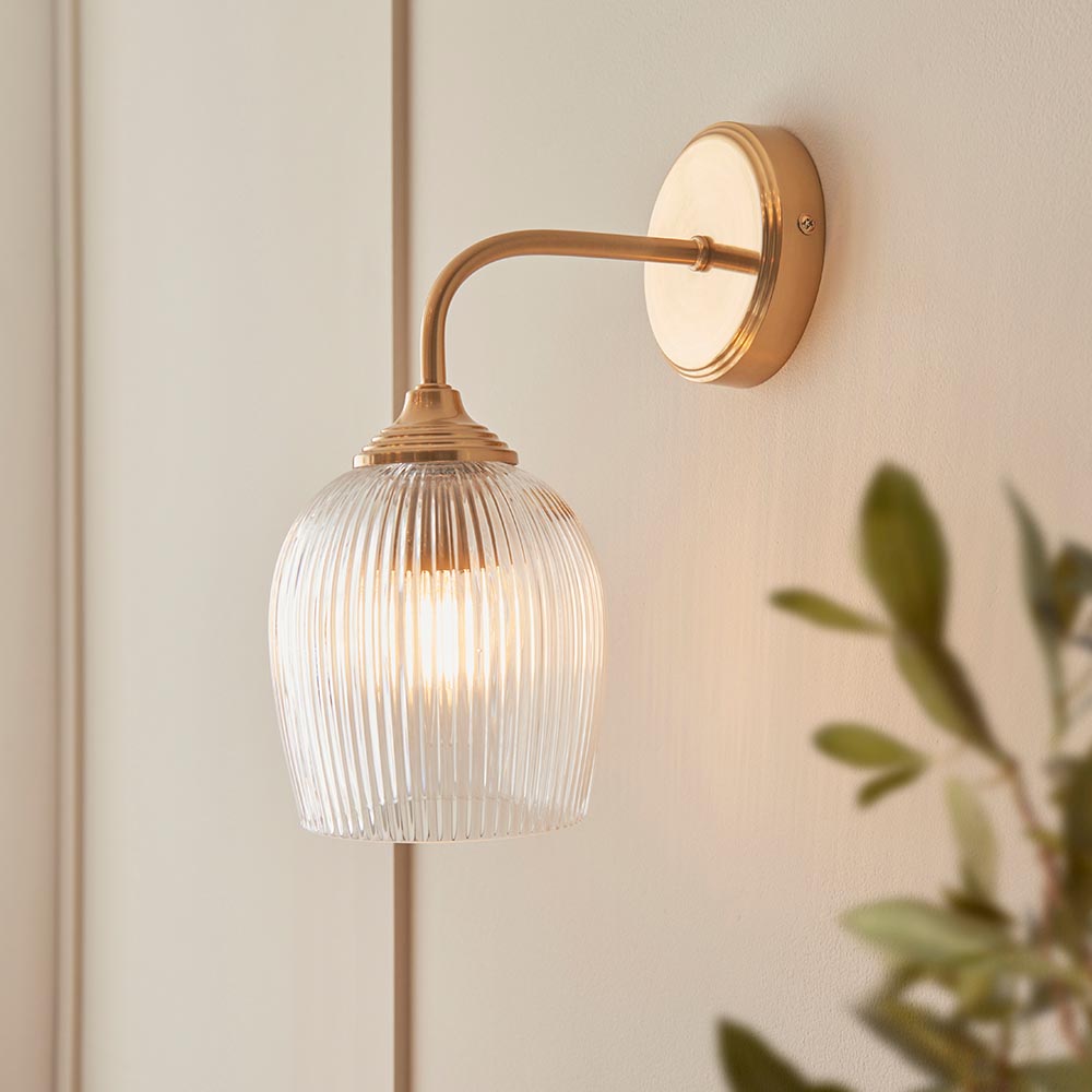Aiken Ribbed Glass Wall Light In Brushed Aged Brass