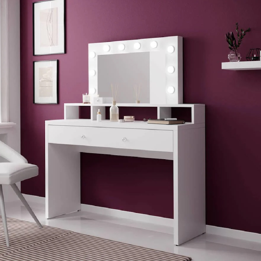 Read more about Aiken wooden dressing table and mirror in white gloss with led