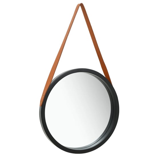 Read more about Ailie medium retro wall mirror with faux leather strap in black