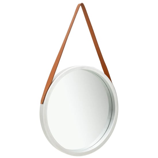 Read more about Ailie medium retro wall mirror with faux leather strap in silver