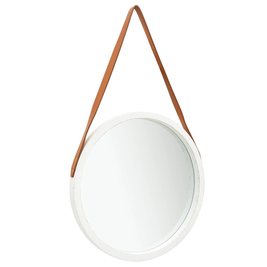 Read more about Ailie medium retro wall mirror with faux leather strap in white