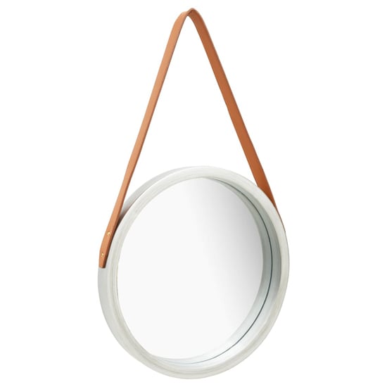 Read more about Ailie small retro wall mirror with faux leather strap in silver