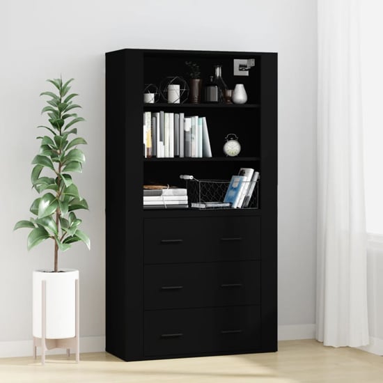 Product photograph of Ailie Wooden Highboard With 3 Drawers 2 Shelves In Black from Furniture in Fashion