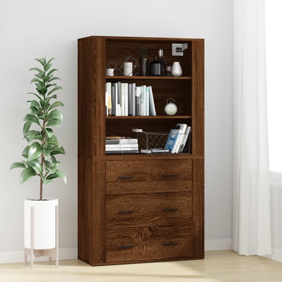 Product photograph of Ailie Wooden Highboard With 3 Drawers 2 Shelves In Brown Oak from Furniture in Fashion