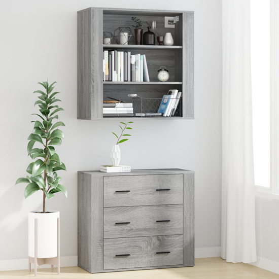 Ailie Wooden Highboard With 3 Drawers 2 Shelves In Grey Sonoma Oak