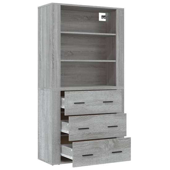 Ailie Wooden Highboard With 3 Drawers 2 Shelves In Grey Sonoma Oak