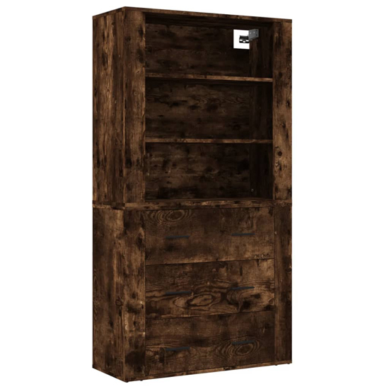 Ailie Wooden Highboard With 3 Drawers 2 Shelves In Smoked Oak