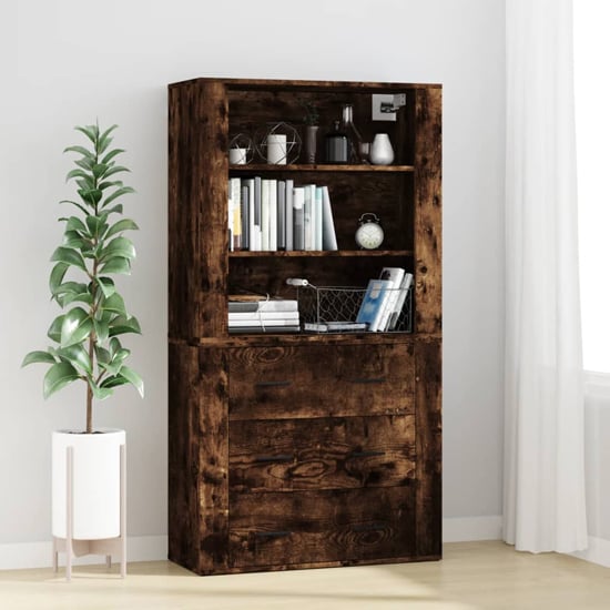 Read more about Ailie wooden highboard with 3 drawers 2 shelves in smoked oak