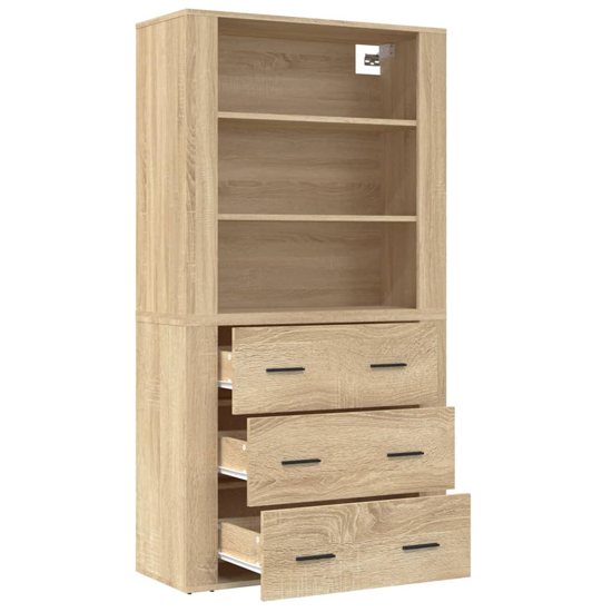 Ailie Wooden Highboard With 3 Drawers 2 Shelves In Sonoma Oak