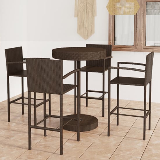 Product photograph of Aimee Outdoor Poly Rattan Bar Table With 4 Stools In Brown from Furniture in Fashion