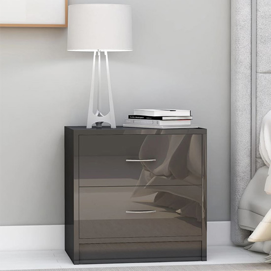 Aimo High Gloss Bedside With 2 Drawers In Grey Furniture in