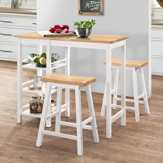 Photo of Ainhoa wooden bar table with 2 bar stools in natural and white