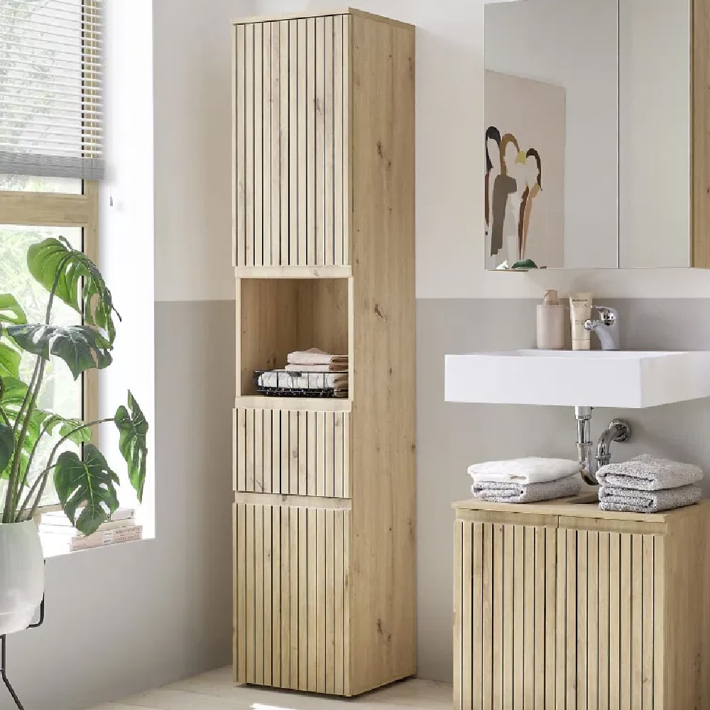 Airdrie Tall Wooden Storage Cabinet With 2 Doors 1 Drawer In Oak