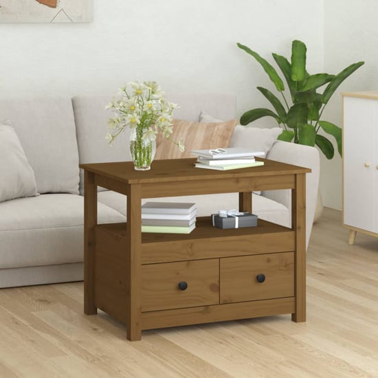 Photo of Aitla pine wood coffee table with 2 drawer in honey brown