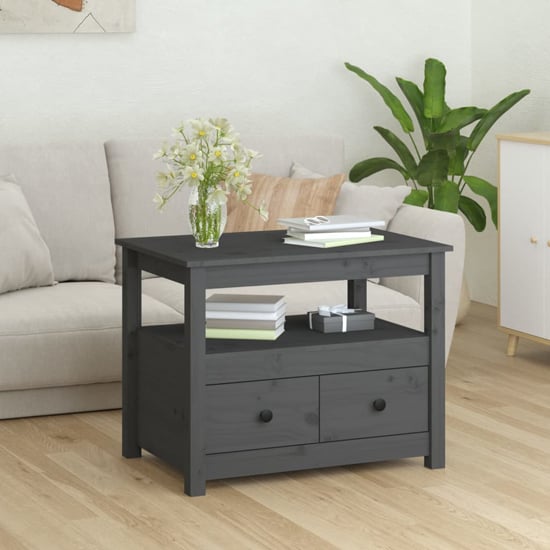 Photo of Aitla pine wood coffee table with 2 drawers in grey