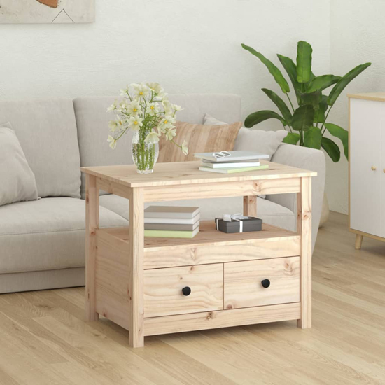 aitla pine wood coffee table with 2 drawers in natural