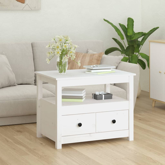 Photo of Aitla pine wood coffee table with 2 drawers in white