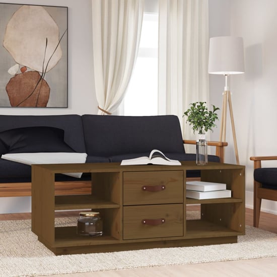 Read more about Aivar pine wood coffee table with 2 drawer in honey brown