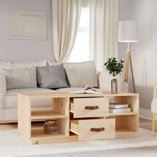 Aivar Pine Wood Coffee Table With 2 Drawers In Natural