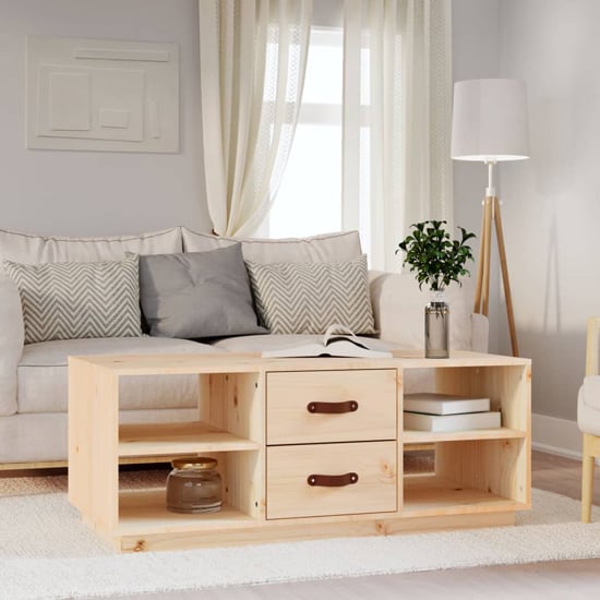 Aivar Pine Wood Coffee Table With 2 Drawers In Natural