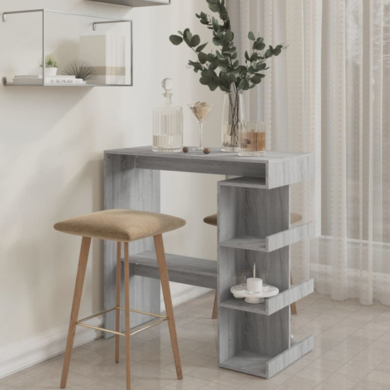 Aiza 100cm Wooden Bar Table With Storage Rack In Grey Sonoma