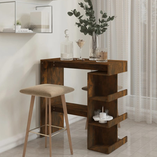 Aiza 100cm Wooden Bar Table With Storage Rack In Smoked Oak