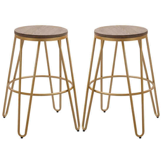 Photo of Akan natural round wooden bar stool with gold frame in pair