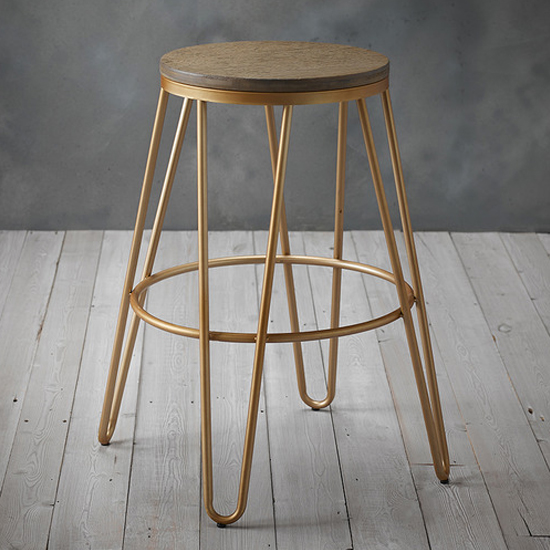 Akan Round Wooden Bar Stool With Gold Frame In Natural