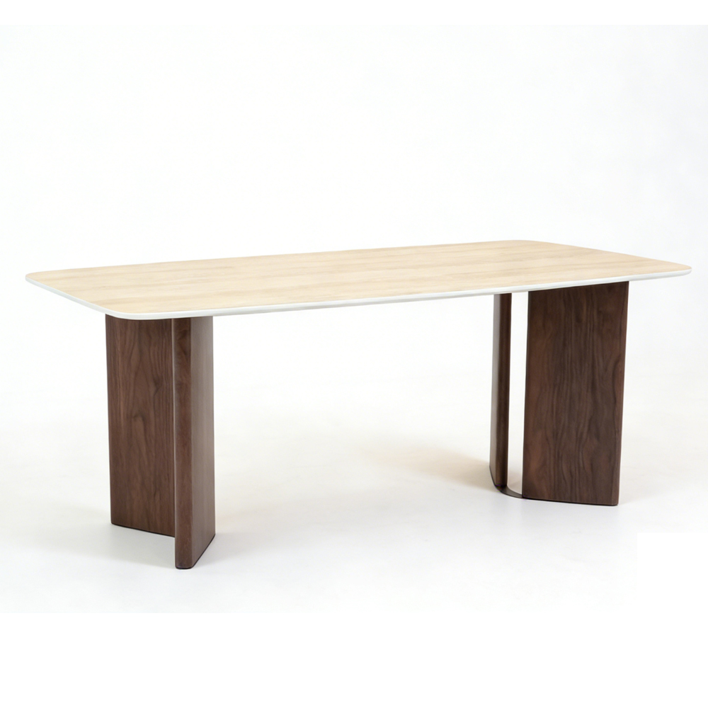 Akiharu Travertine Marble Effect Sintered Stone Top Dining Table with Walnut Wooden Base