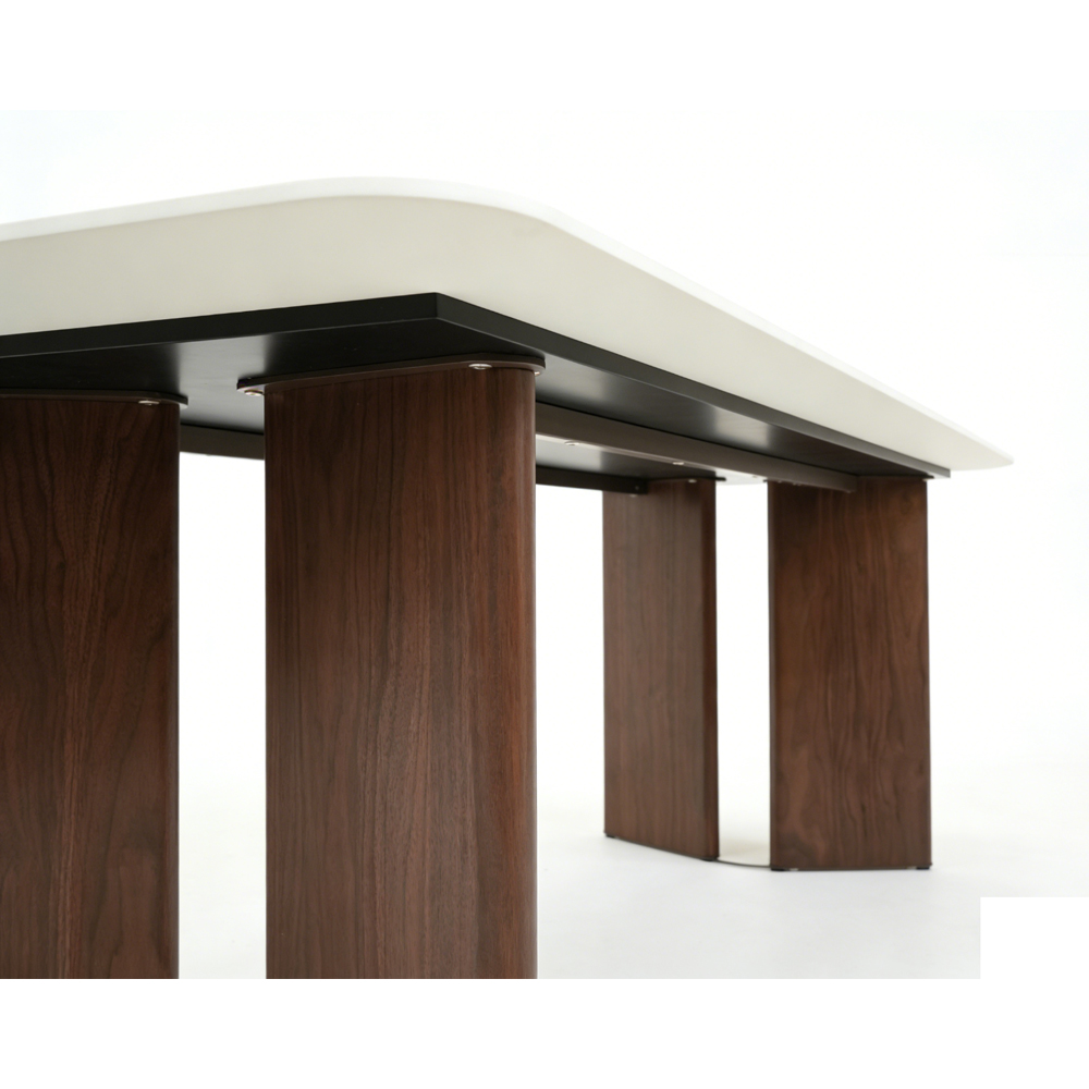 Akiharu Travertine Marble Effect Sintered Stone Top Dining Table with Walnut Wooden Base