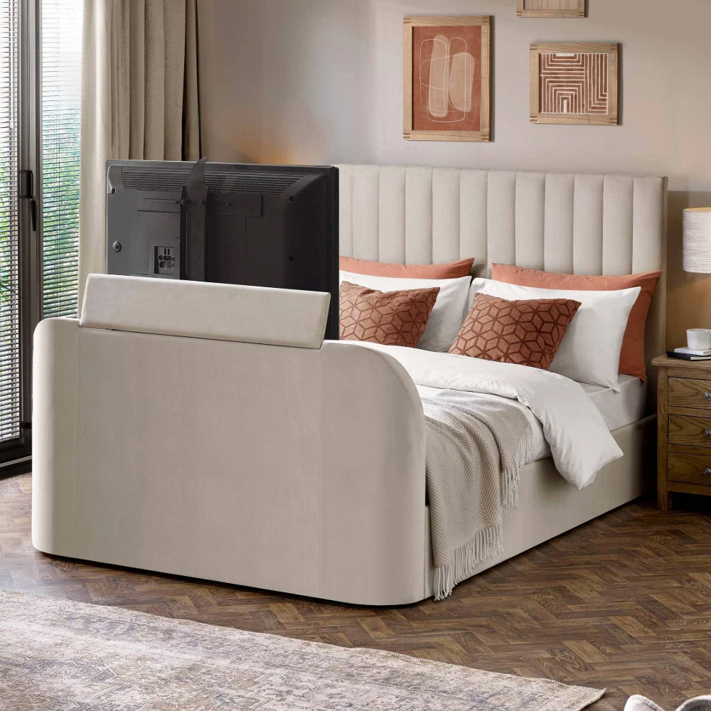 Akinori Velvet Ottoman Storage TV Double Bed in Cream