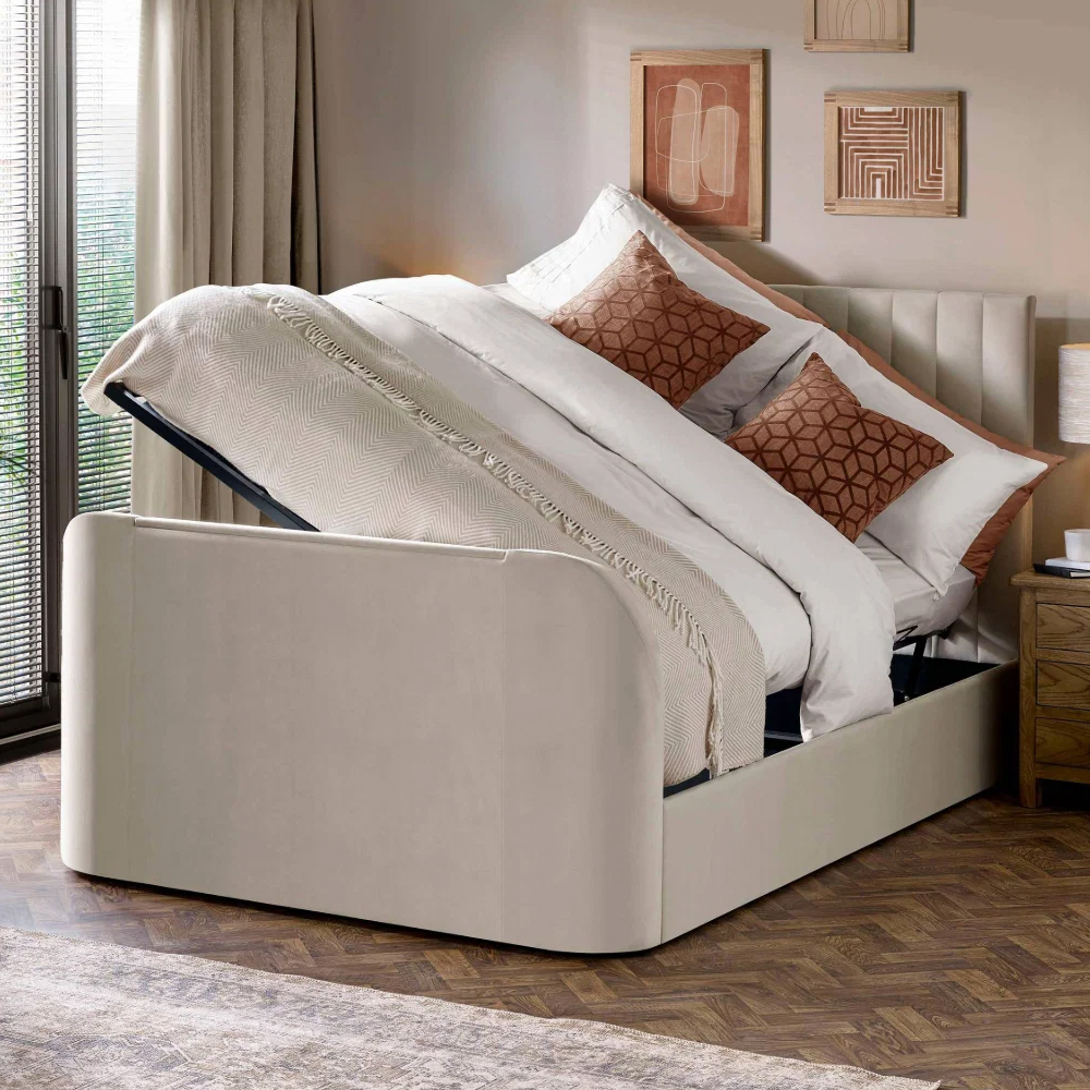 Akinori Velvet Ottoman Storage TV Double Bed in Cream