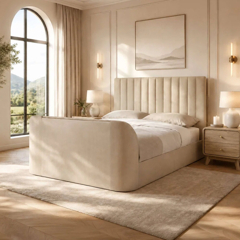 Akinori Velvet Ottoman Storage TV King Size Bed in Cream