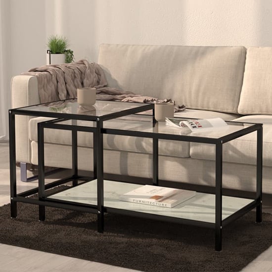 Akio Glass Coffee Tables With White Marble Effect Undershelf