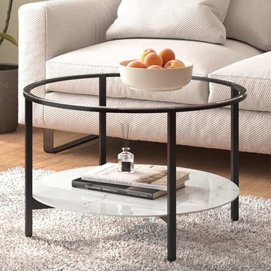 Akio Round Glass Coffee Table With White Marble Effect Shelf_1