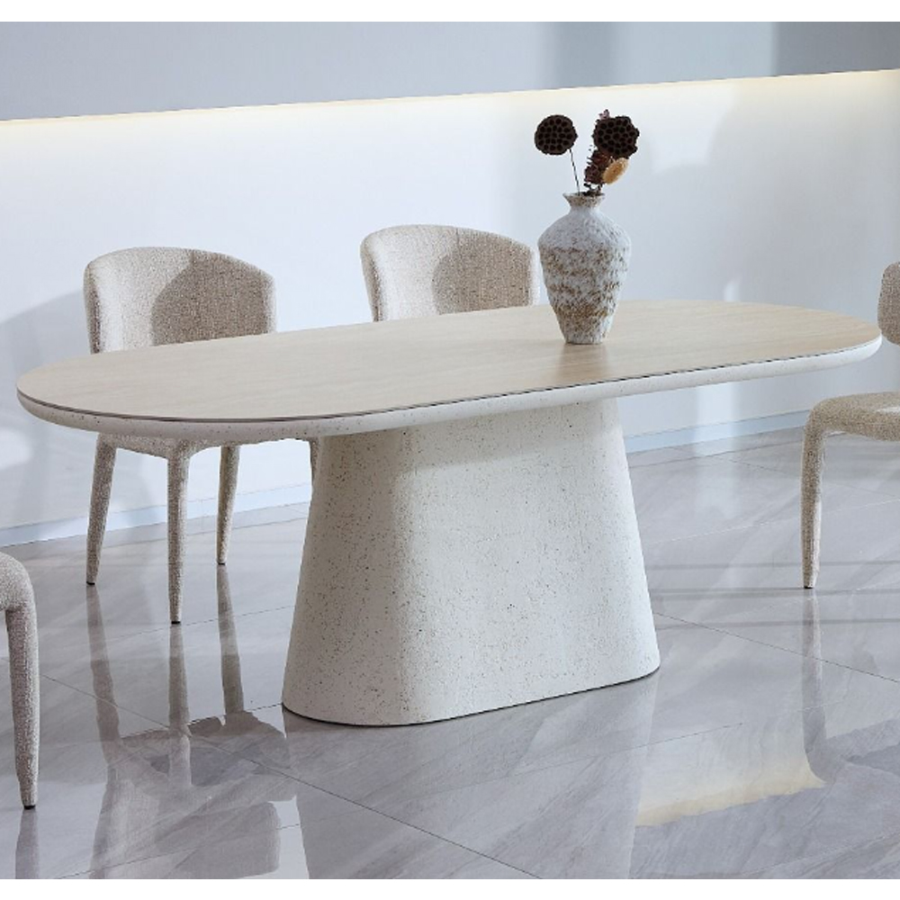 Akisora Large Travertine Marble Effect Sintered Stone Top Dining Table with Ivory Base