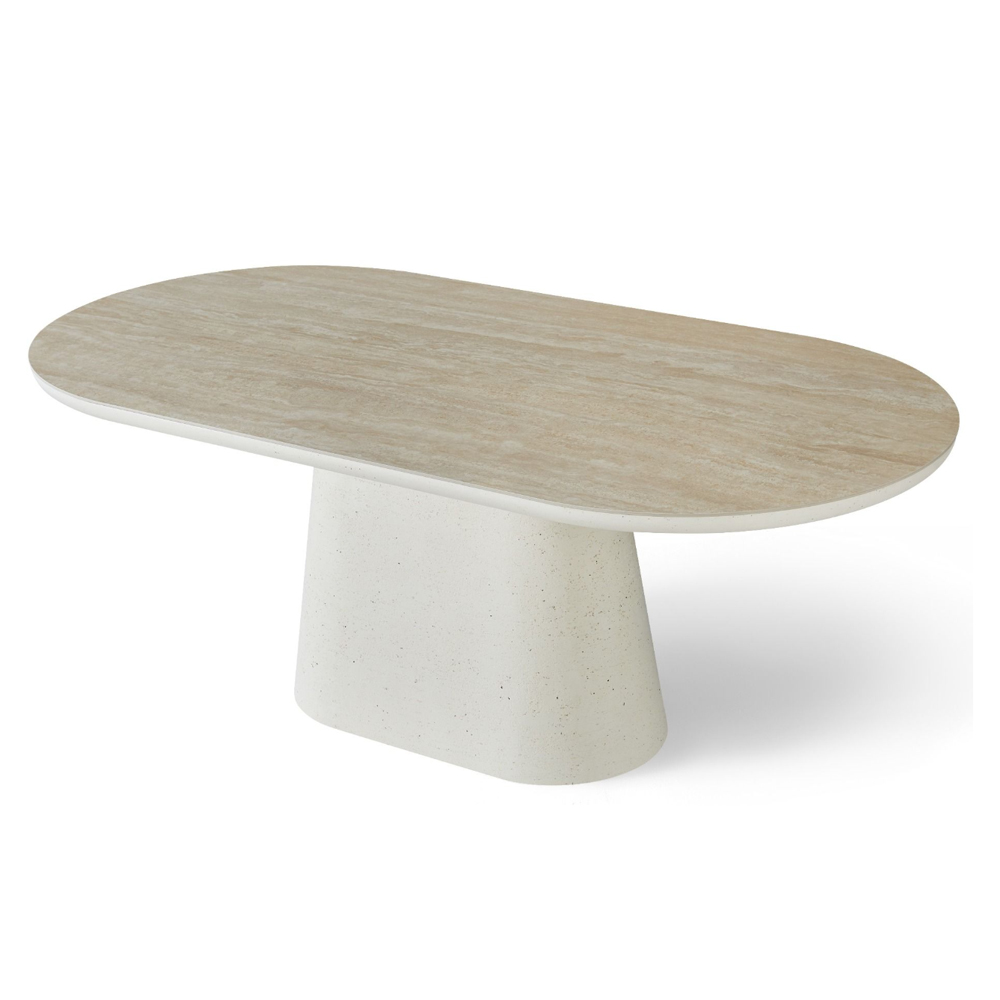 Akisora Large Travertine Marble Effect Sintered Stone Top Dining Table with Ivory Base